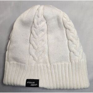 Under Armour White Cable Knit Beanie Hat Acrylic Warm Reversible Winter vintage